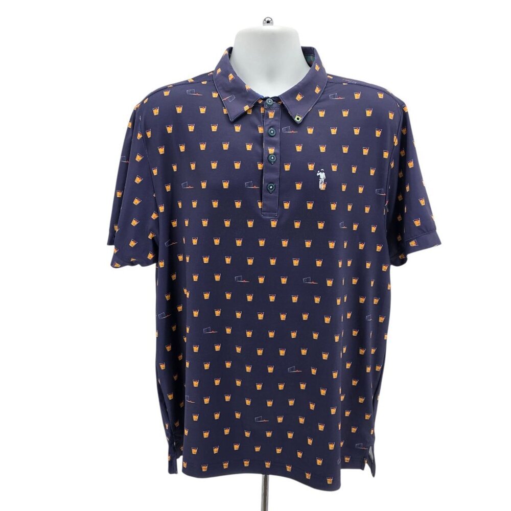 William Murray Mens Large Shirt Polo Manhattan Cocktail Print Navy Blue Golf